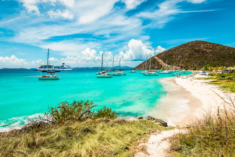 Turquoise Caribbean bay with anchored sailboats and a cruise ship, pristine white sand beach, and lush green hillside under blue sky.