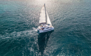 a Bali 4.8 sailing in the USVI heading to a marina to pick up charter guests